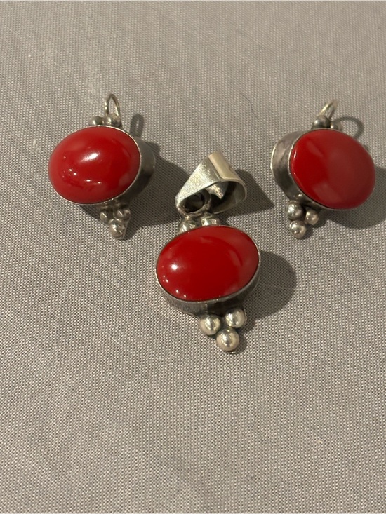 Taxco Jewelry - Vintage Taxco signed Mexico Sterling Silver Red Coral Pendant and Earrings Set